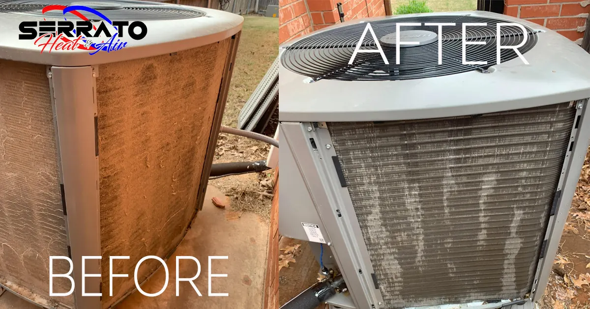 A before-and-after of an outdoor air conditioning unit replacement