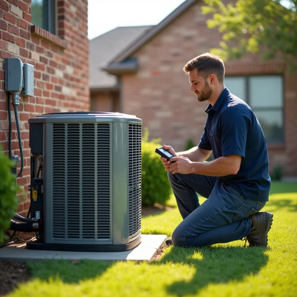 HVAC technician inspecting an outdoor air conditioning unit at an Oklahoma City home