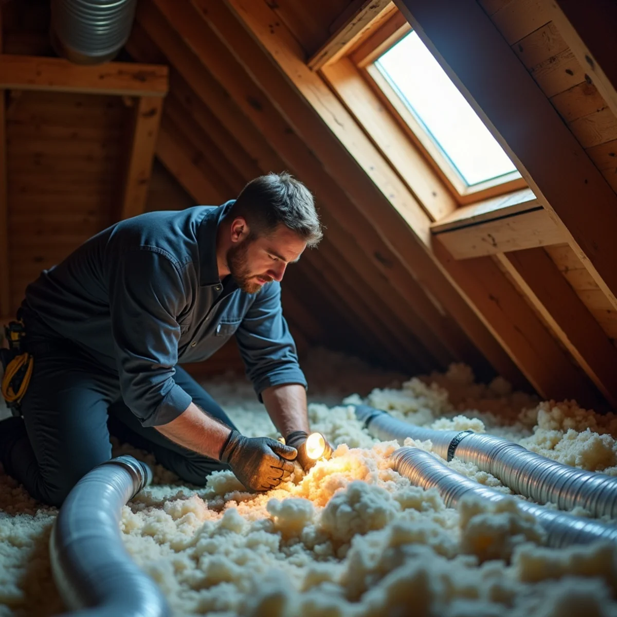 Technician inspecting residential ductwork