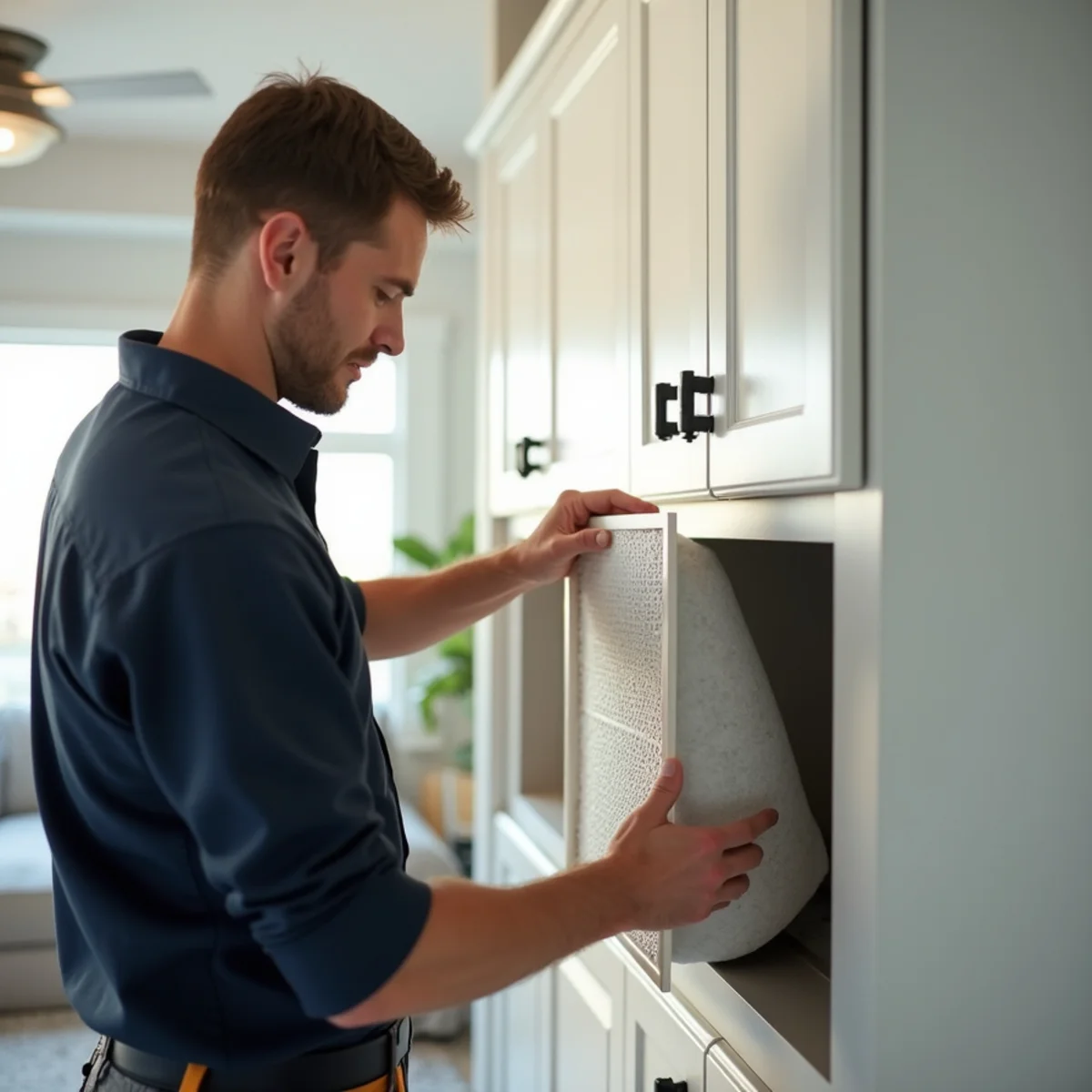 Technician replacing a whole-home HVAC filter