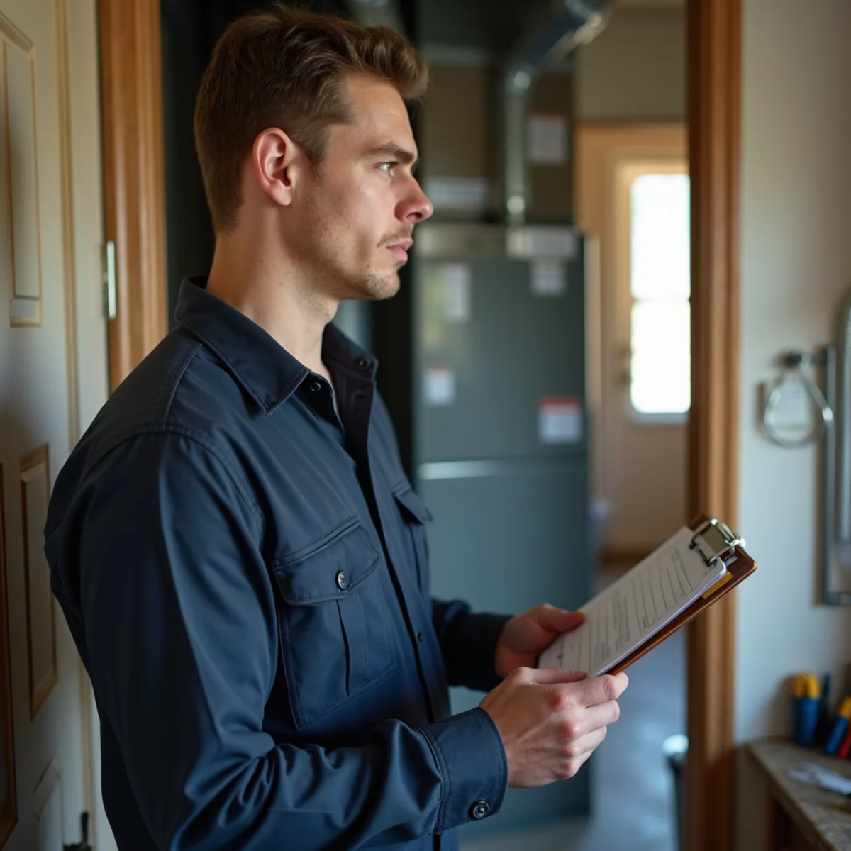 Technician working through a seasonal HVAC maintenance inspection