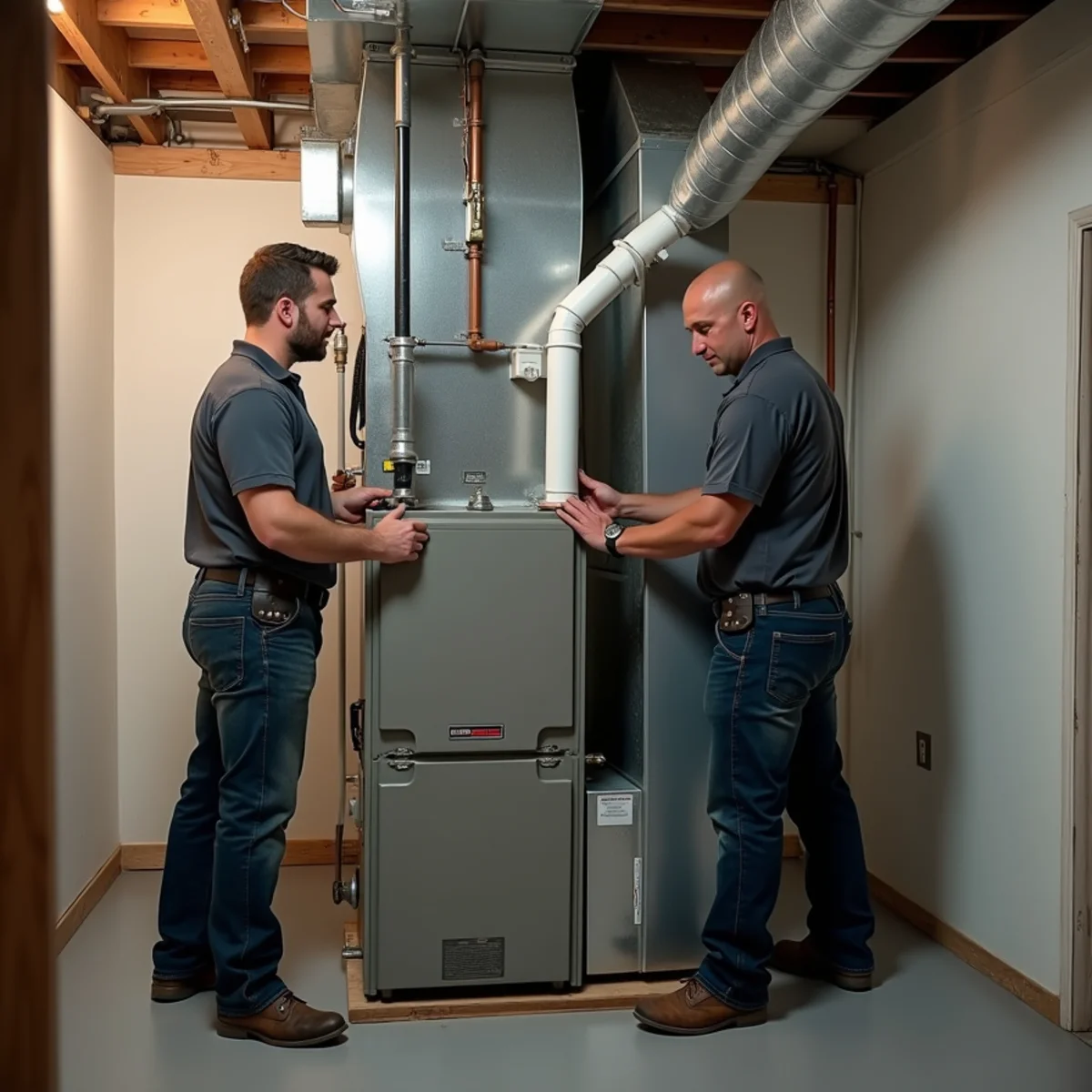 HVAC technicians installing a furnace in an Oklahoma City home